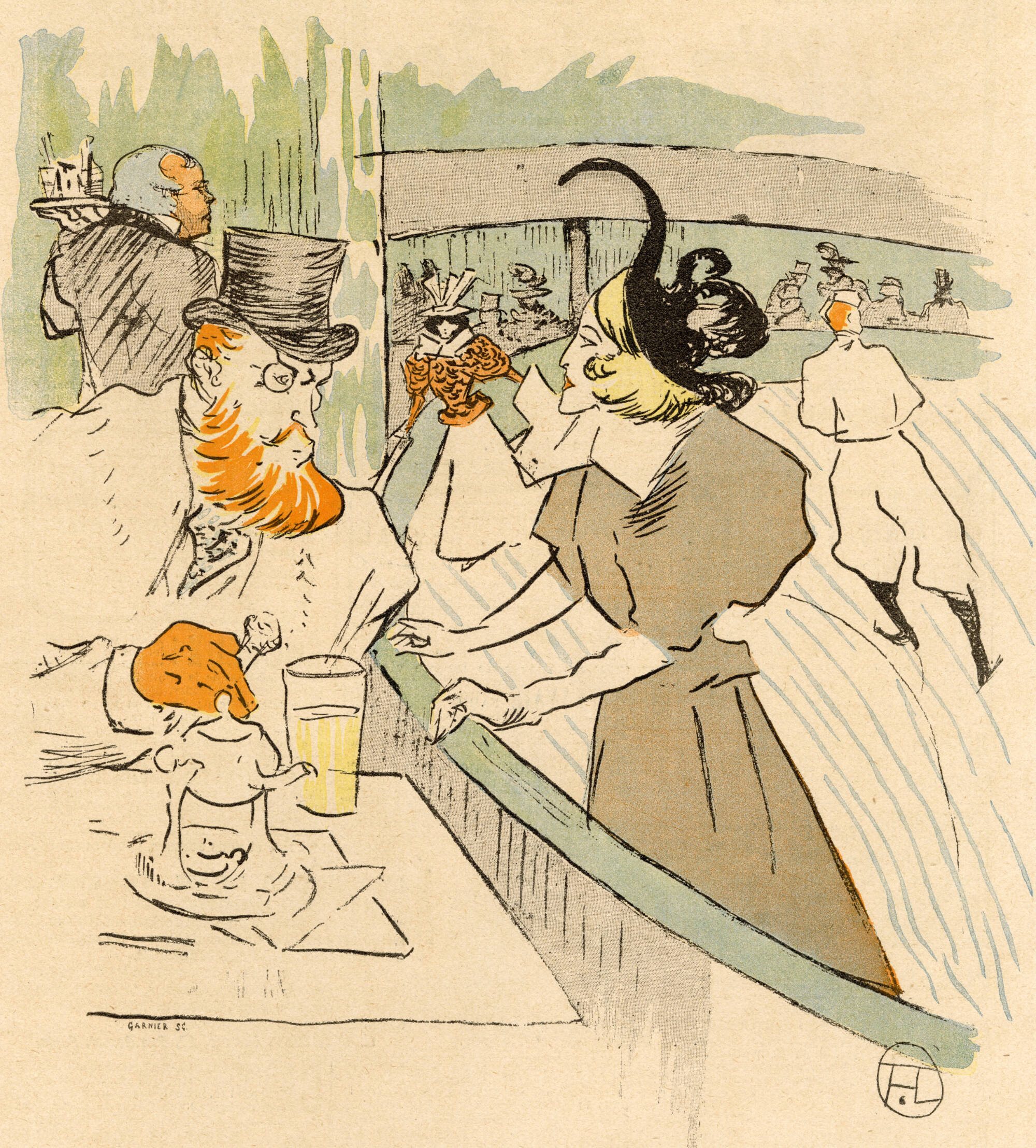 French print image of a man with a red beard and top hat with tea, a woman stopped beside him as she skates.